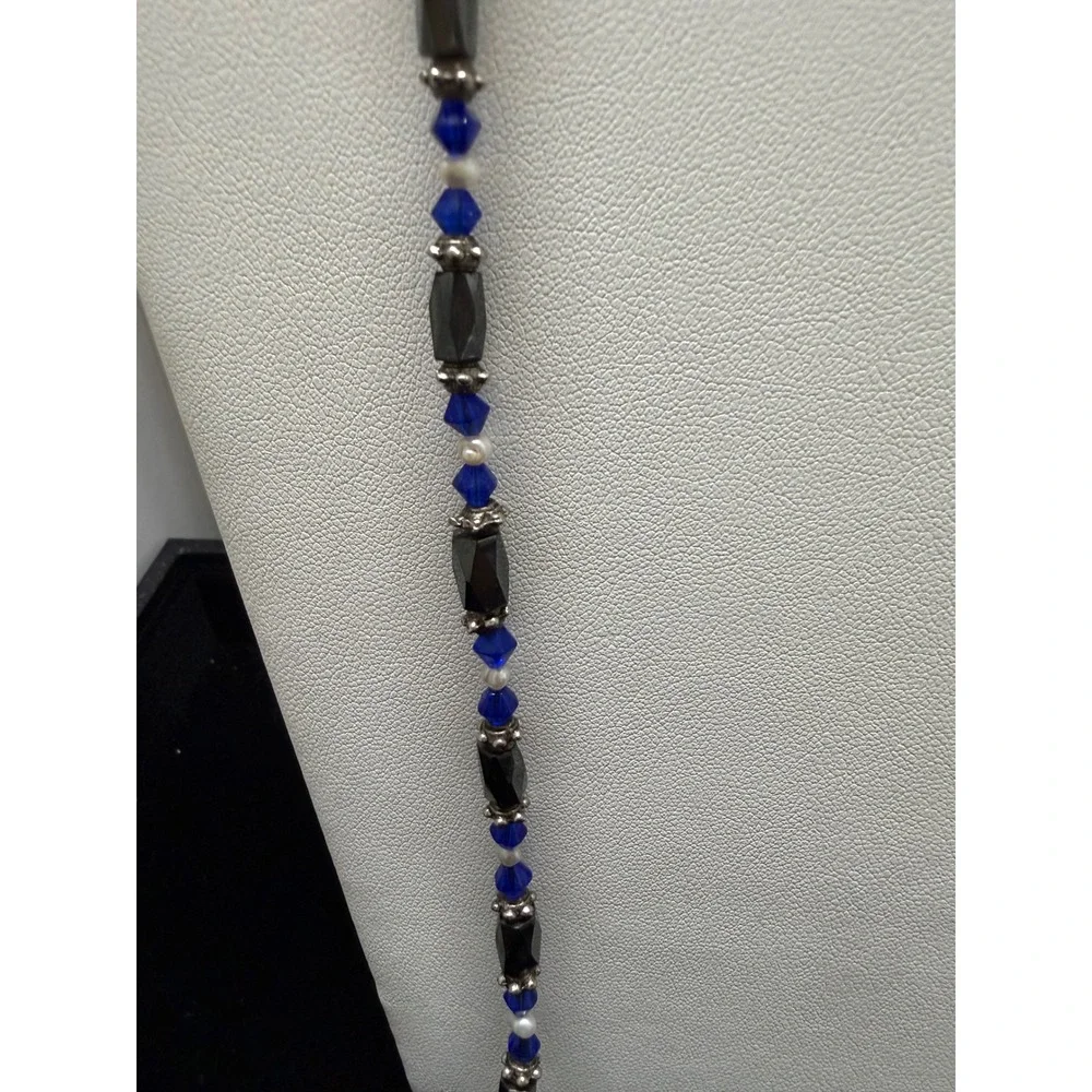 Hematite Style Beaded Long Necklace Blue Crystal White Pearl‎ Gunmetal Tone 36in